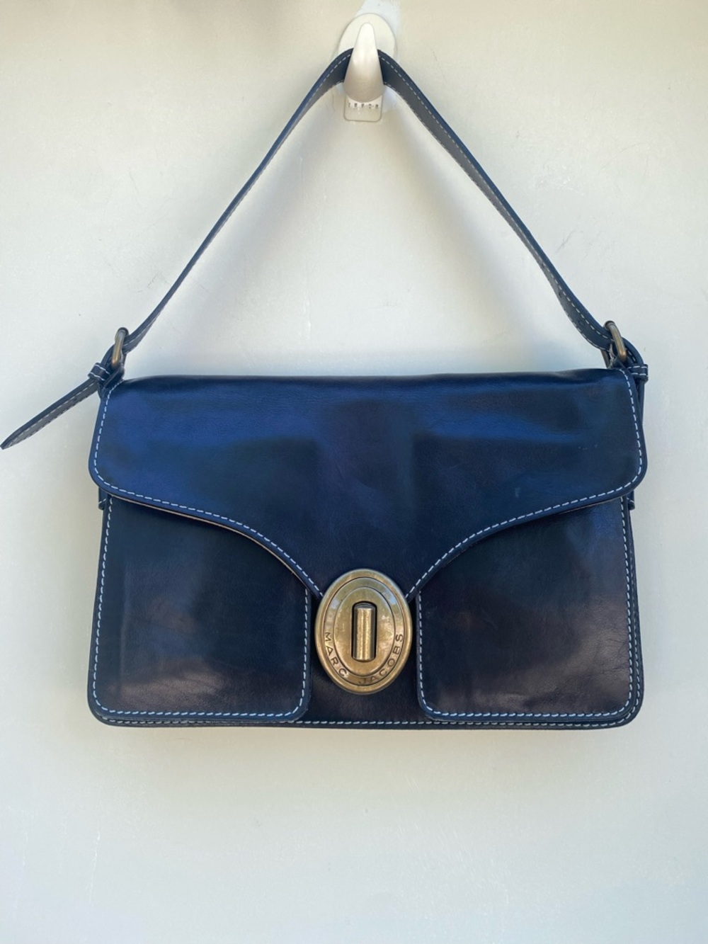 RARE MARC JACOBS BLACK SATCHEL/CLUTCH WHITE STITCH HEAVY BRASS TURNLOCK HARDWARE